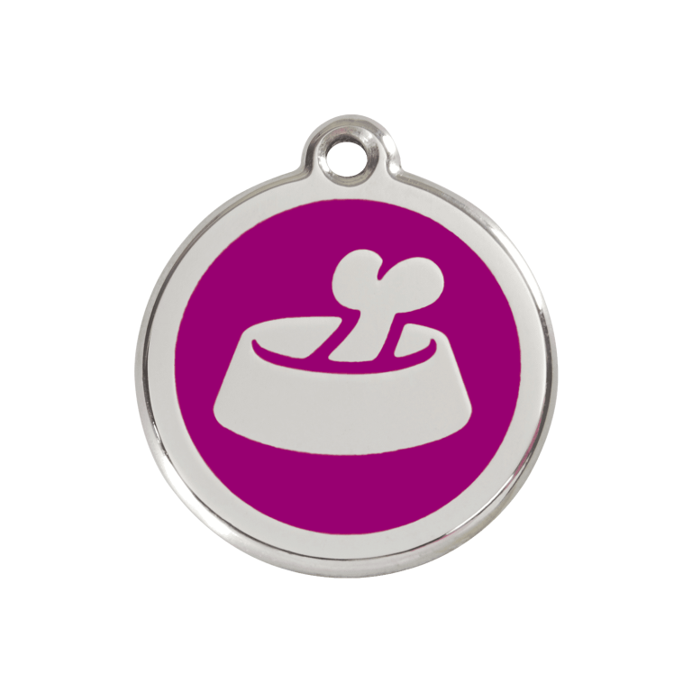 Vue avant - Médaille personnalisable pour chien ou chat - Red Dingo Émail et acier inoxydable Os dans un bol Violet - Talla M