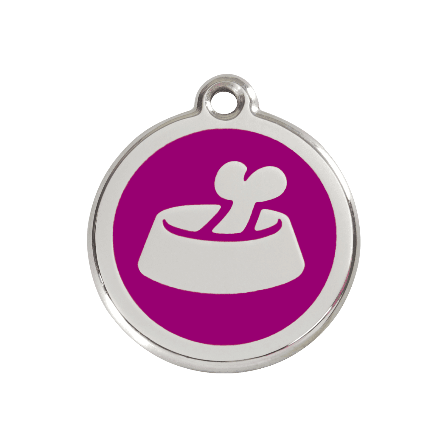 Vue avant - Médaille personnalisable pour chien ou chat - Red Dingo Émail et acier inoxydable Os dans un bol Violet - Talla M
