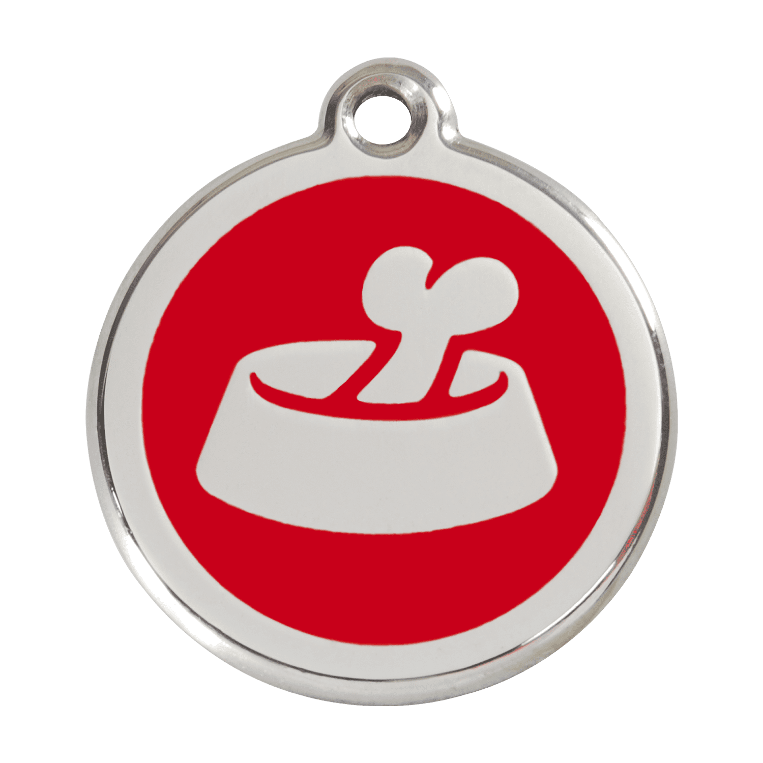 Vue avant - Médaille personnalisable pour chien en émail et acier inoxydable - Red Dingo - Os dans un bol - Rouge - Talla L