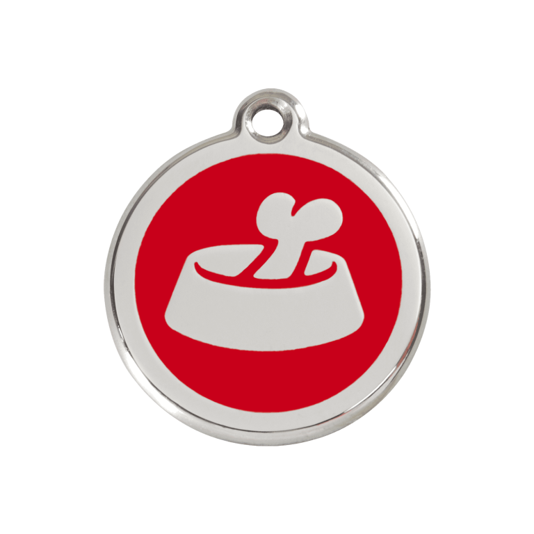 Vue avant - Médaille personnalisée pour chien Red Dingo Émail et acier inoxydable Os dans un bol - Rouge - Talla M