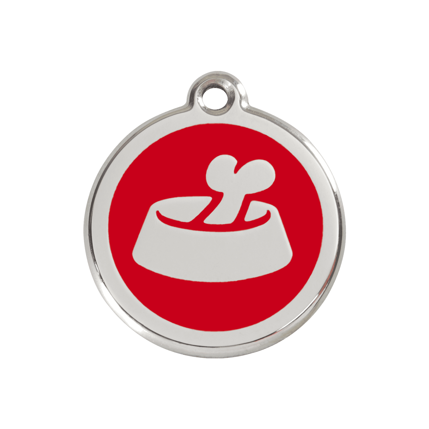 Vue avant - Médaille personnalisée pour chien Red Dingo Émail et acier inoxydable Os dans un bol - Rouge - Talla M