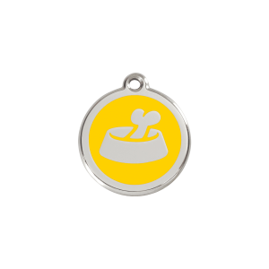 Placa para gato pequeña esmalte amarillo y acero inoxidable diseño Hueso en cuenco