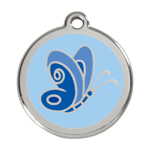 Placa para perro grande con mariposa en esmalte azul claro y acero inoxidable