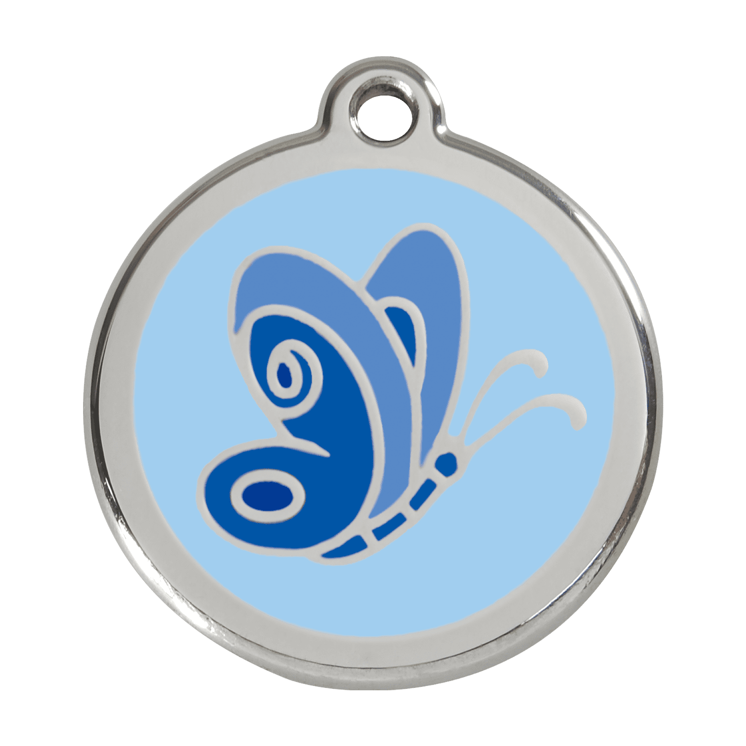 Vue avant - Médaille personnalisée pour chien Red Dingo Émail et acier inoxydable - Motif papillon - Bleu clair - Talla L