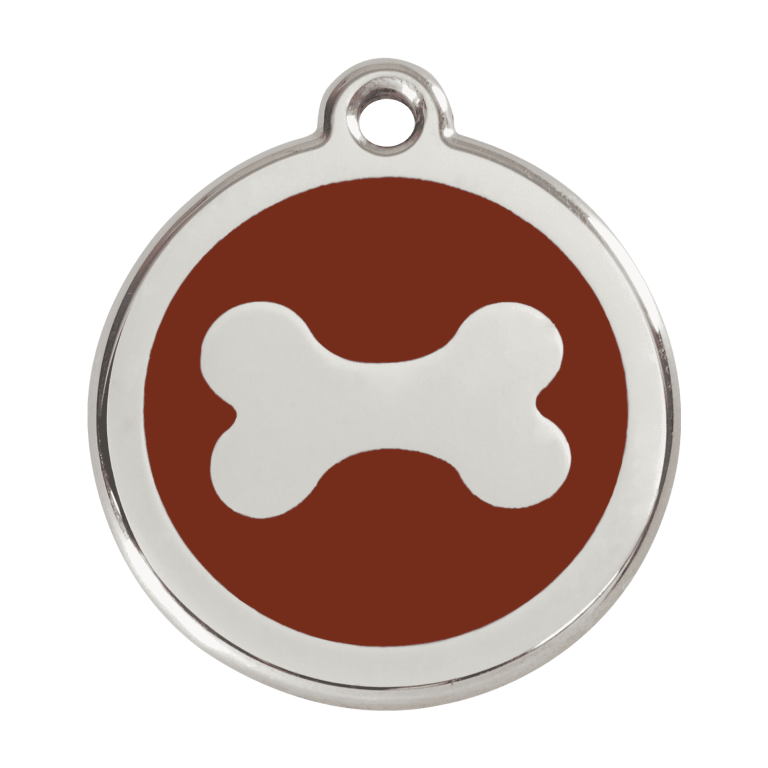 Vue avant - Médaille personnalisée pour chien Red Dingo en émail et acier inoxydable - Os brun - Talla L