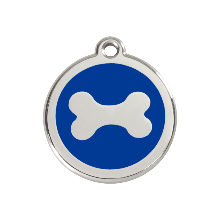 Vue avant - Médaille personnalisée pour chien Red Dingo Émail et acier inoxydable Os Bleu foncé - Talla M