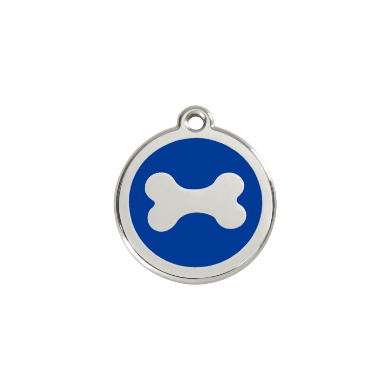 Vue avant - "Médaille personnalisée pour chien/chat Red Dingo en émail et acier inoxydable - Os bleu foncé - Talla S"