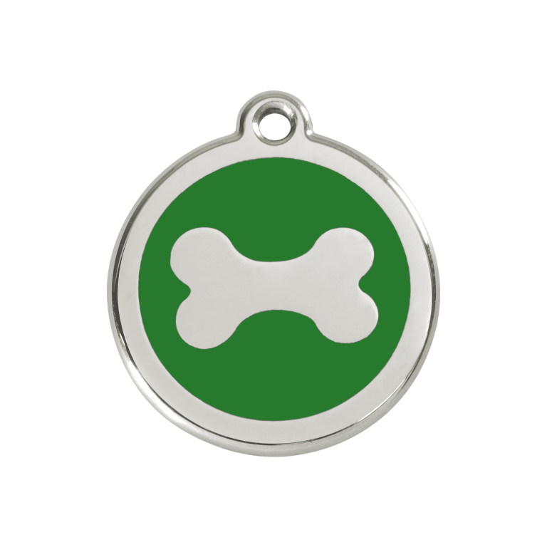 Vue avant - Médaille personnalisée pour chien Red Dingo en émail et acier inoxydable - Motif os vert - Talla M