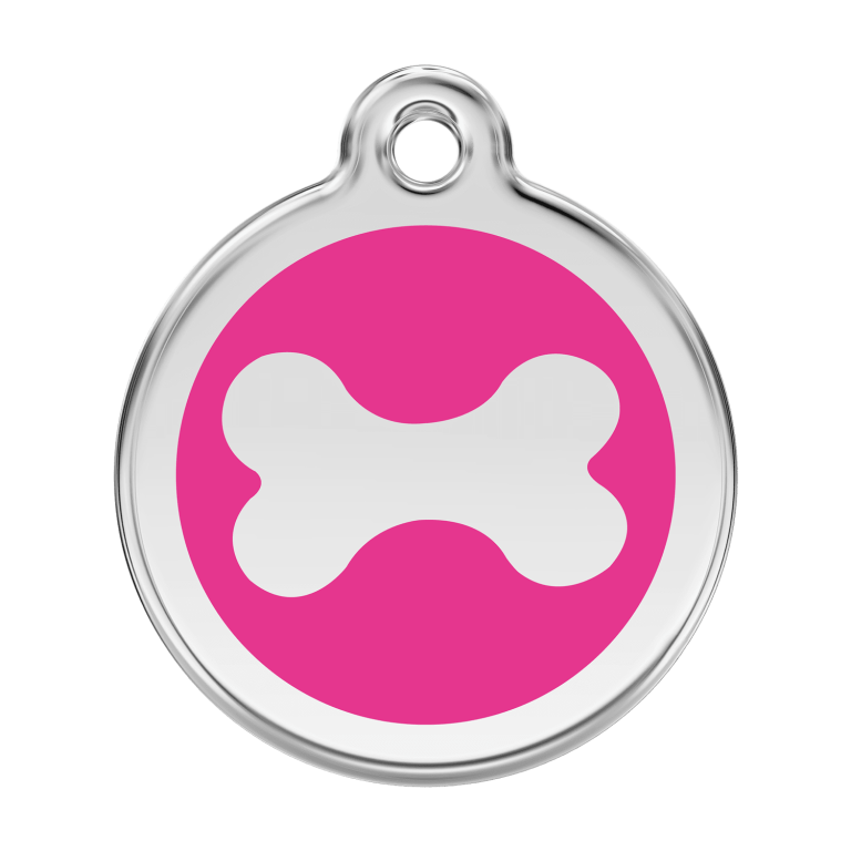 Vue avant - Médaille personnalisée pour chien Red Dingo Émail et acier inoxydable Os Rose vif - Talla L