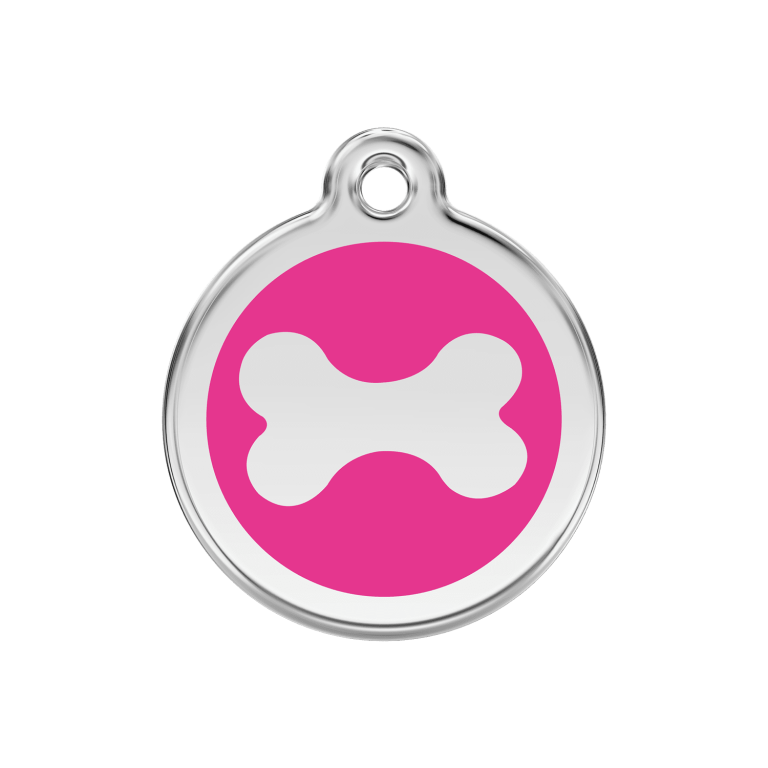 Vue avant - Médaille personnalisée pour chien Red Dingo Émail et acier inoxydable - Os rose vif - Talla M 30.00mm