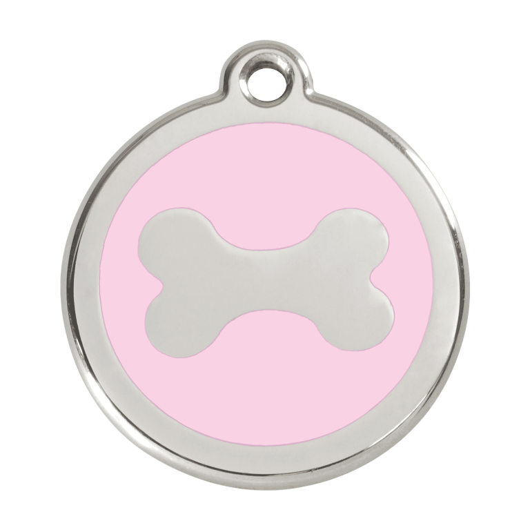 Vue avant - Médaille personnalisée pour chien Red Dingo, motif os rose en émail et acier inoxydable - Talla L