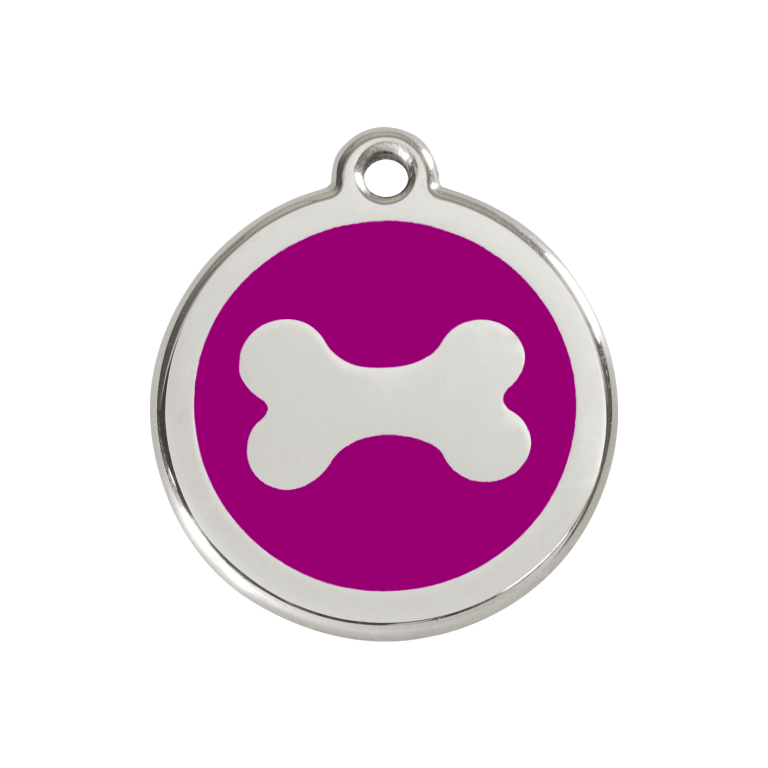 Vue avant - Médaille personnalisée pour chien en acier inoxydable violet motif os - Red Dingo