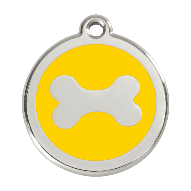 Vue avant - Médaille personnalisée pour chien en acier inoxydable jaune Red Dingo - Talla L - Os - 01-BN-YE-LG