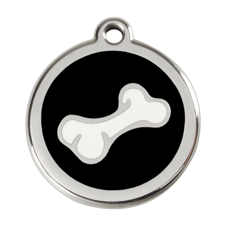 Vue avant - Médaille personnalisable pour chien en émail et acier inoxydable - Red Dingo - Os noir - Talla L