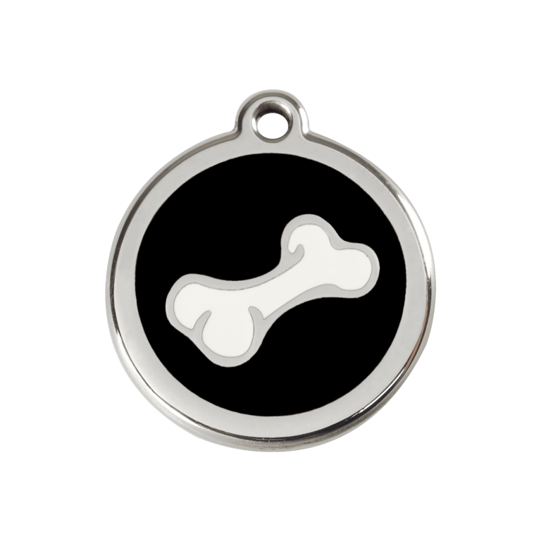 Vue avant - Médaille personnalisée pour chien Red Dingo Émail et acier inoxydable - Os noir - Talla M