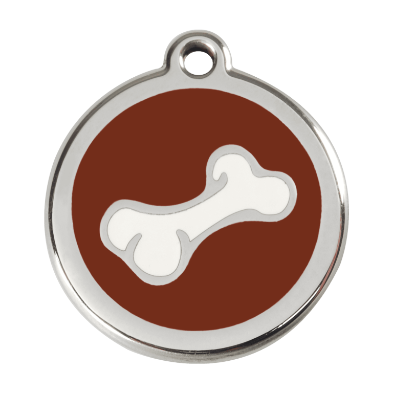 Vue avant - Médaille personnalisée en émail et acier inoxydable pour chien Red Dingo - Os brun - Talla L