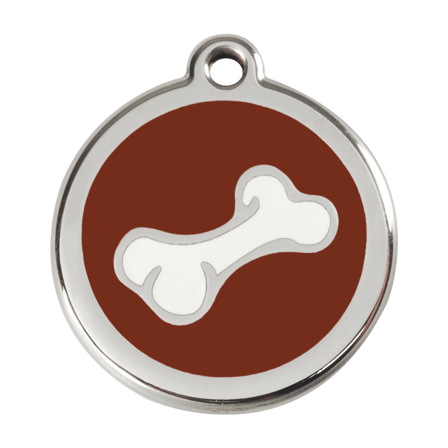Vue avant - Médaille personnalisée en émail et acier inoxydable pour chien Red Dingo - Os brun - Talla L