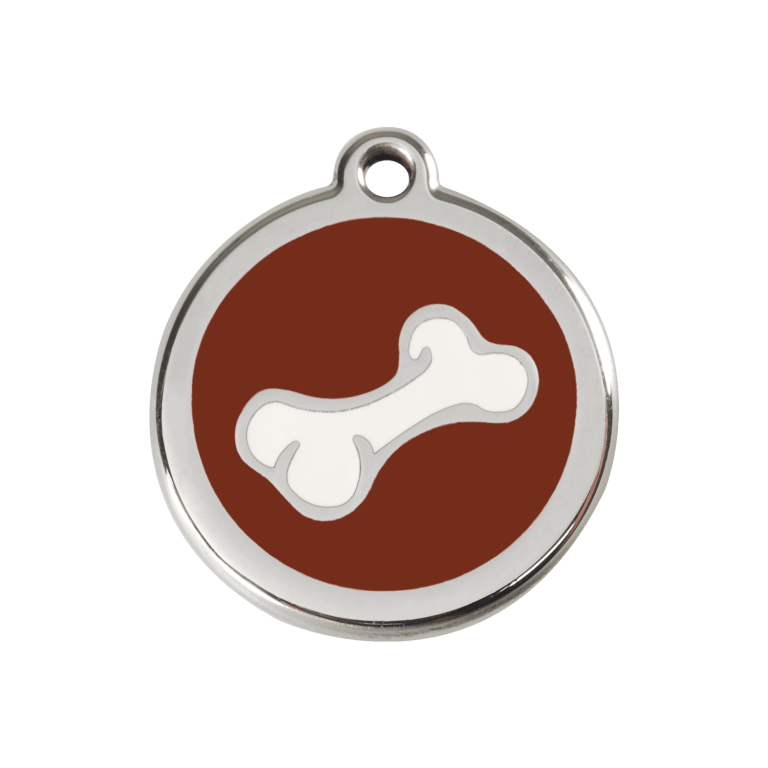 Vue avant - Médaille personnalisée pour chien Red Dingo en émail et acier inoxydable - Os brun - Talla M
