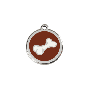 Placa para gato pequeña con diseño hueso en esmalte marrón y acero inoxidable