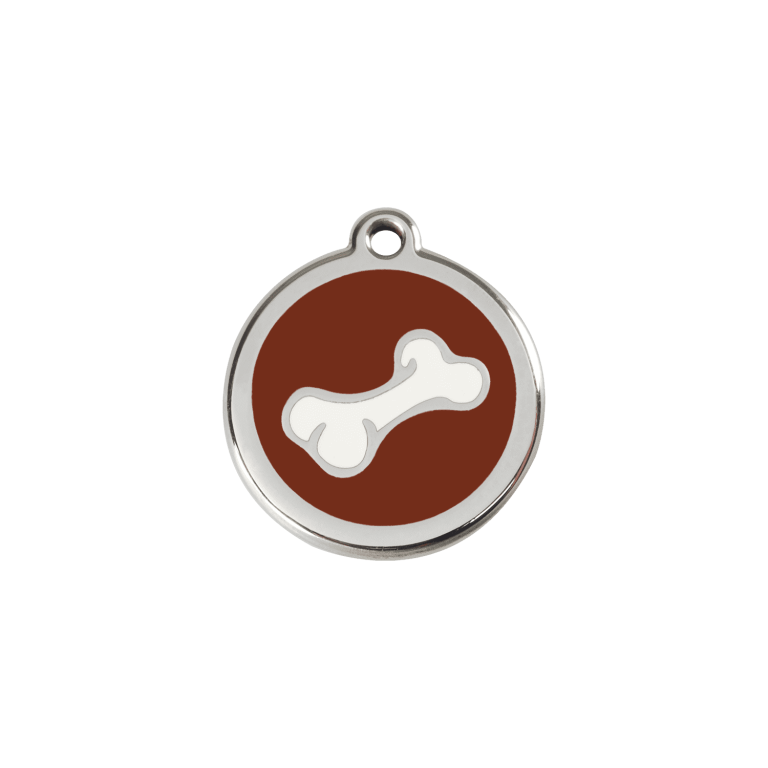 Vue avant - Médaille personnalisée pour chien/chat Red Dingo - Os brun en émail et acier inoxydable - Talla S