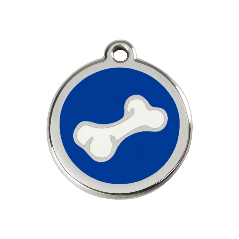 Vue avant - Médaille personnalisée pour chien en émail et acier inoxydable - Red Dingo - Os bleu foncé - Talla M