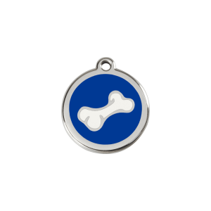 Placa para gato pequeña con diseño hueso en esmalte azul oscuro y acero inoxidable