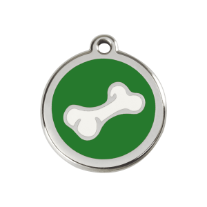 Placa para perro mediana con diseño de hueso en esmalte verde y acero inoxidable