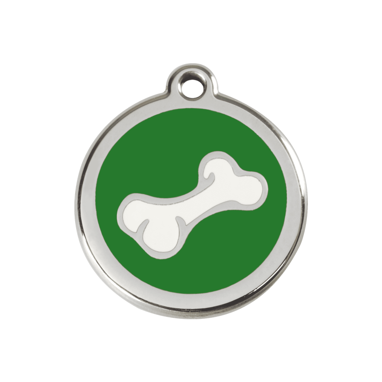 Vue avant - Médaille personnalisée pour chien Red Dingo - Os vert en émail et acier inoxydable - Talla M
