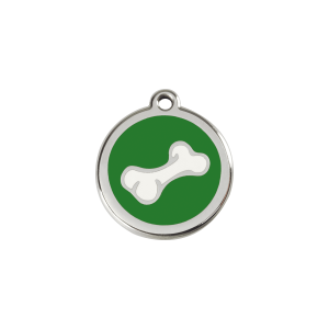 Placa para gato pequeña con diseño hueso en esmalte verde y acero inoxidable