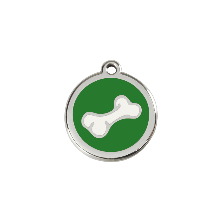 Vue avant - Médaille personnalisée pour chien/chat Red Dingo Émail et acier inoxydable - Os vert - Talla S