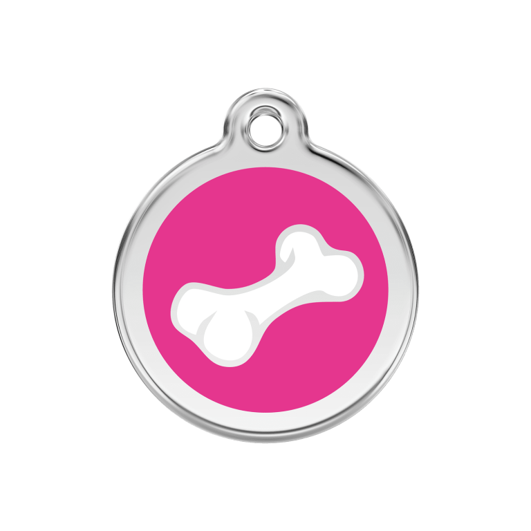 Vue avant - Médaille personnalisée pour chien Red Dingo Émail et acier inoxydable Os rose vif - Talla M
