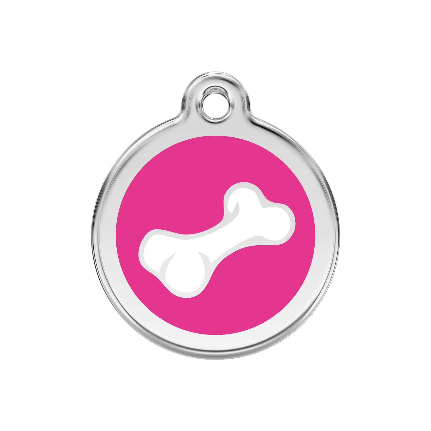 Vue avant - Médaille personnalisée pour chien Red Dingo Émail et acier inoxydable Os rose vif - Talla M