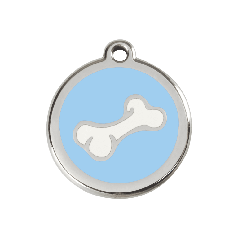 Vue avant - Médaille personnalisable pour chien en émail et acier inoxydable - Os bleu clair - Red Dingo