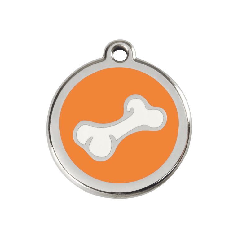 Vue avant - Médaille personnalisée pour chien/chat Red Dingo Émail/Acier Inoxydable Os Orange 30mm - 01-BO-OR-ME