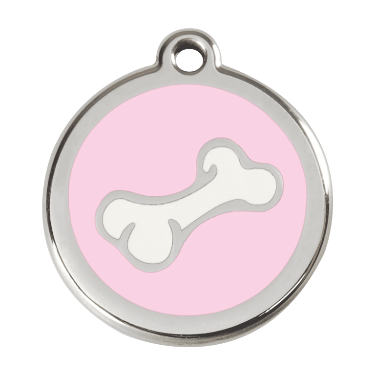 Vue avant - Médaille personnalisée pour chien Red Dingo Émail et acier inoxydable Os rose - Talla L