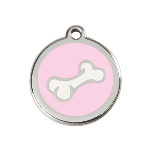 Placa para perro mediana con diseño de hueso en esmalte rosa y acero inoxidable