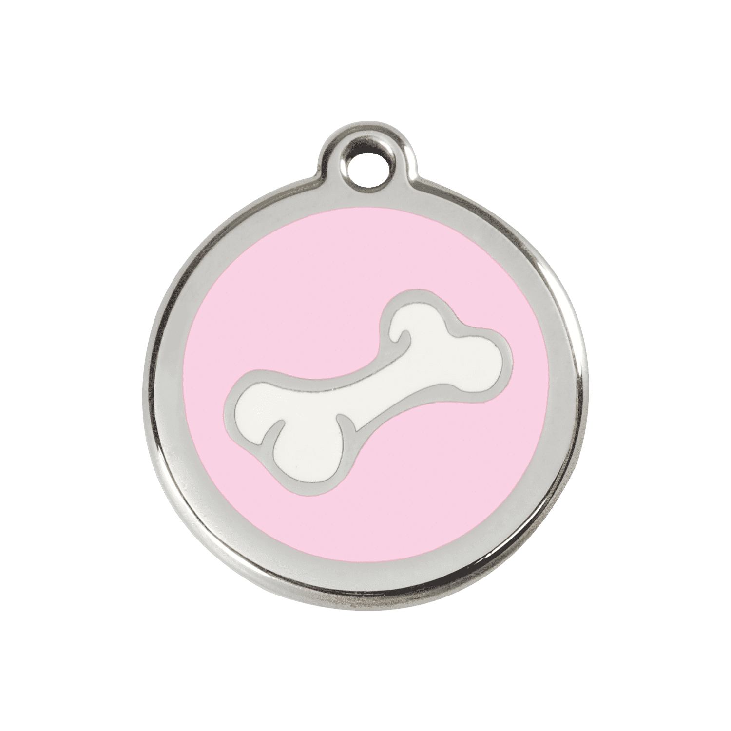 Vue avant - Médaille personnalisée pour chien ou chat - Red Dingo Émail et acier inoxydable - Motif os rose - Talla M