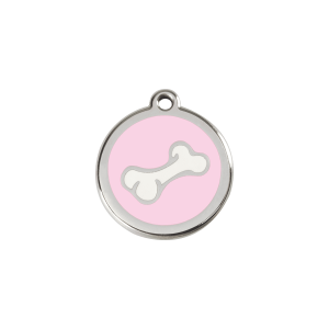 Placa para gato pequeña con diseño hueso en esmalte rosa y acero inoxidable