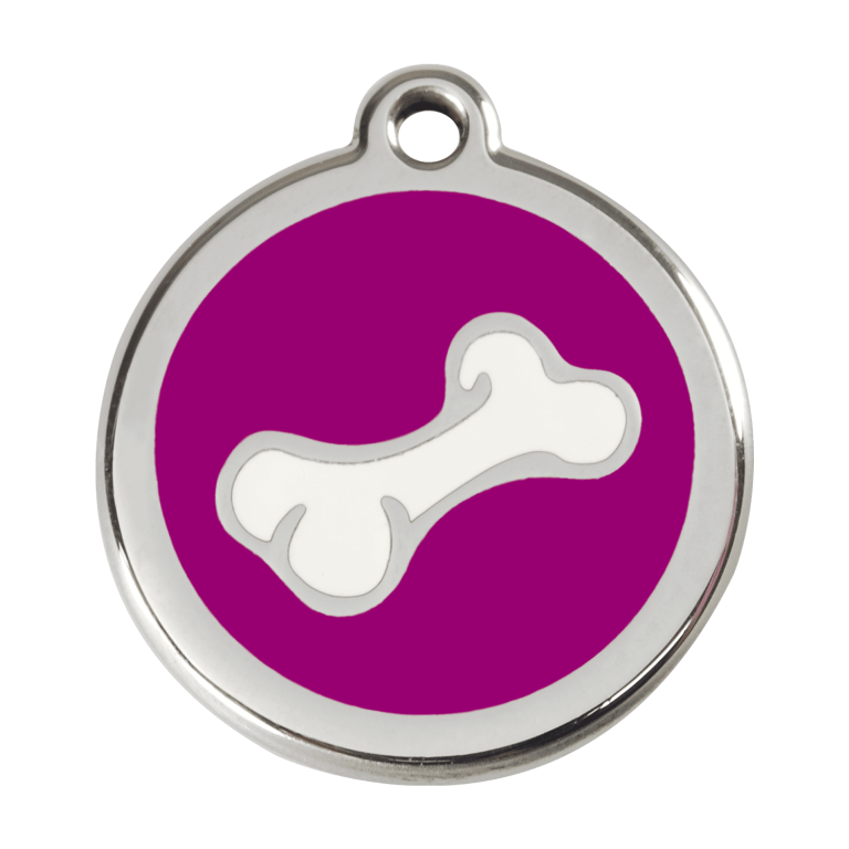 Vue avant - Médaille personnalisée pour chien - Red Dingo Émail et acier inoxydable - Os violet - Talla L