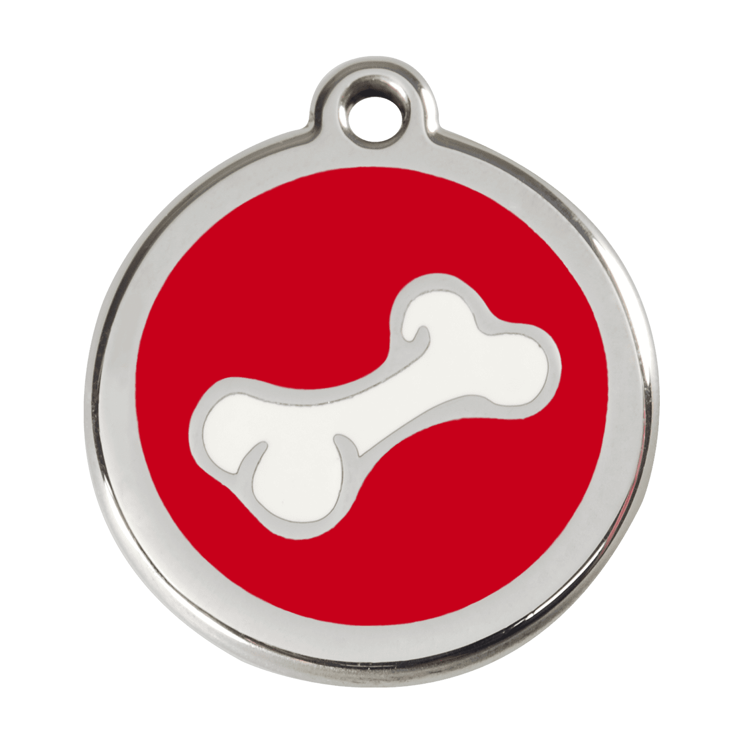 Vue avant - Médaille personnalisée pour chien Red Dingo en émail et acier inoxydable - Os rouge - Talla L
