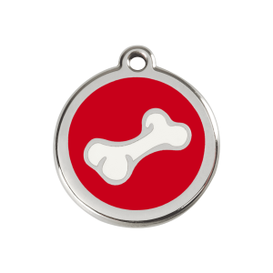 Placa para perro mediana con diseño de hueso en esmalte rojo y acero inoxidable