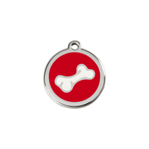 Placa para gato pequeña con diseño hueso en esmalte rojo y acero inoxidable