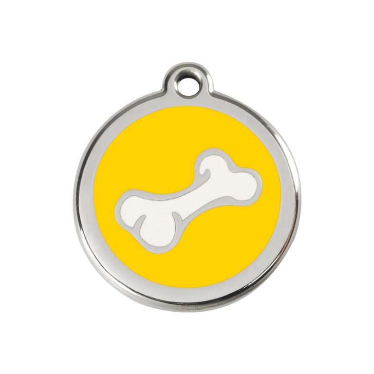 Vue avant - Médaille personnalisée pour chien ou chat - Red Dingo Émail et acier inoxydable - Motif os jaune - Talla M