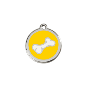 Placa para gato pequeña con diseño hueso amarillo en esmalte y acero inoxidable