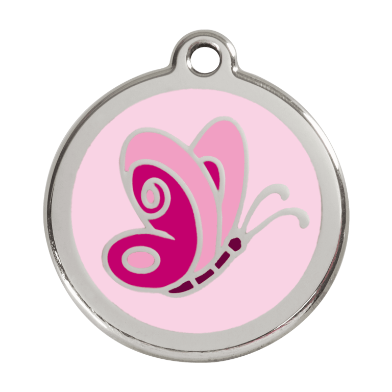 Vue avant - Médaille personnalisée pour chien - Red Dingo Émail et acier inoxydable - Motif Papillon - Rose - Talla L