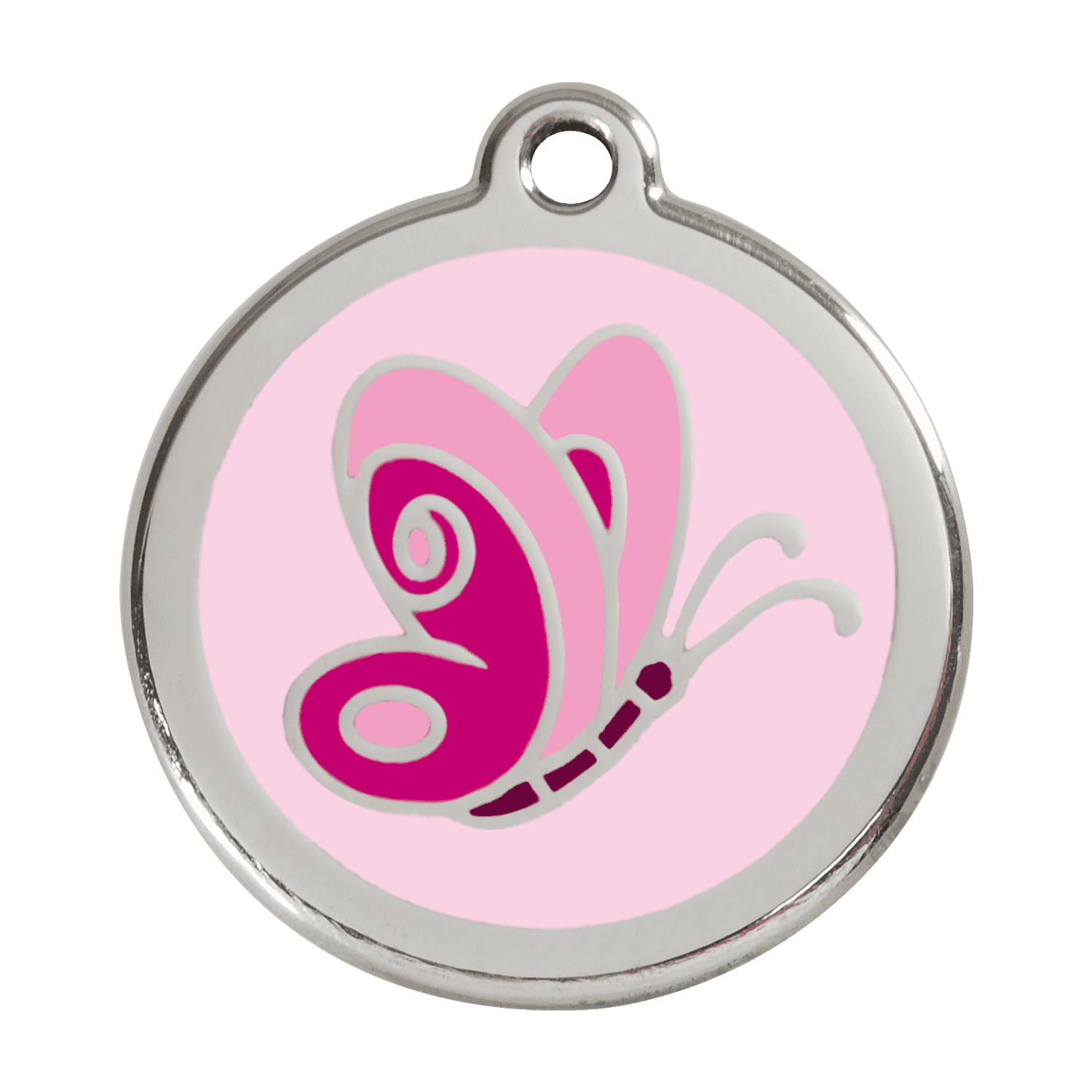 Vue avant - Médaille personnalisée pour chien - Red Dingo Émail et acier inoxydable - Motif Papillon - Rose - Talla L