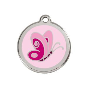 Placa para perro mediana con mariposa en esmalte rosa y acero inoxidable