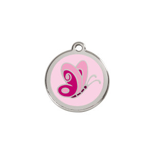 Placa para gato pequeña mariposa rosa en esmalte y acero inoxidable