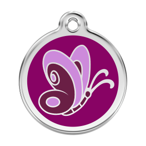 Placa para perro grande con mariposa violeta en esmalte y acero inoxidable