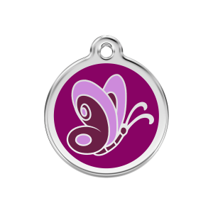 Placa para perro mediana con mariposa violeta en esmalte y acero inoxidable